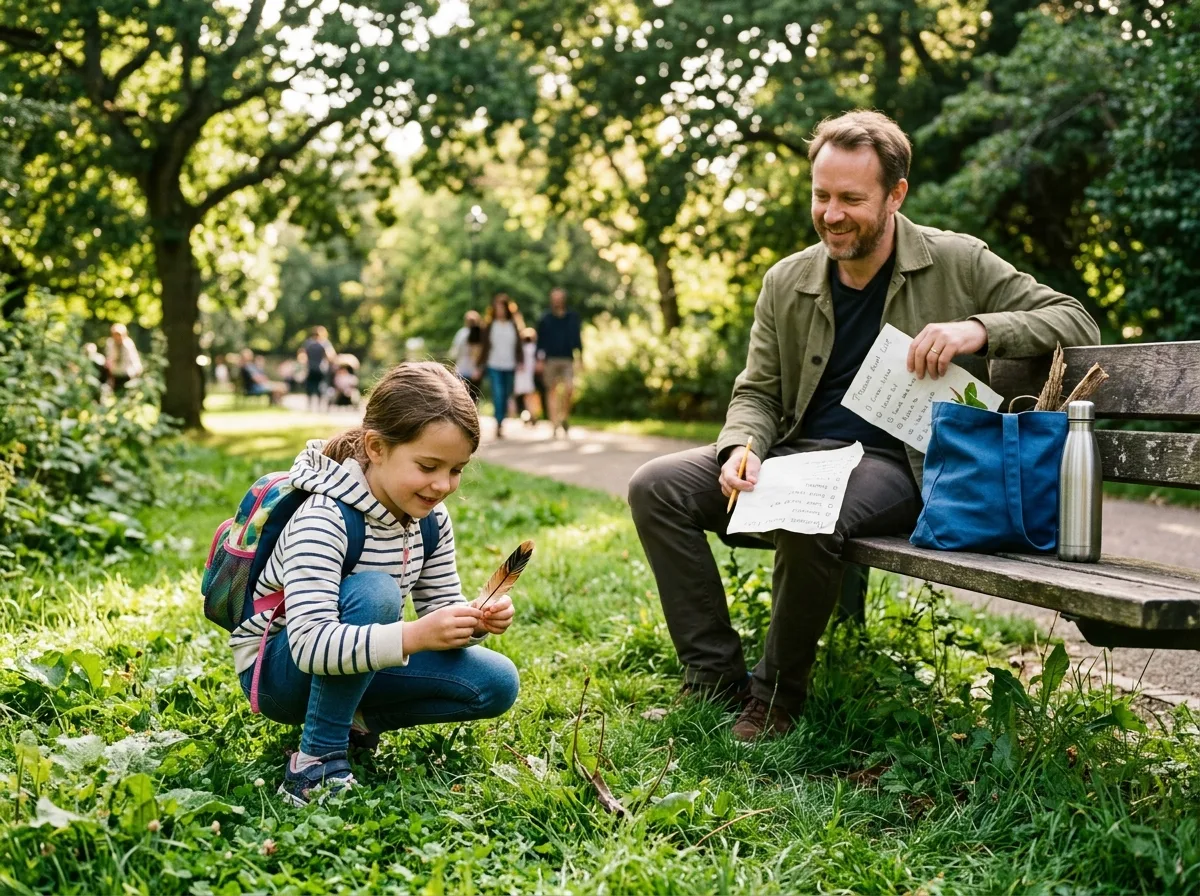 Enfant qui ramasse une plume dans un parc pendant une chasse au trésor, père solo regardant