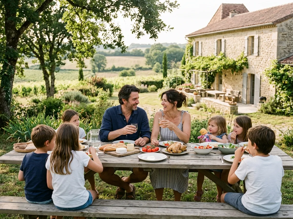Deux familles monoparentales partagent un repas estival à l'extérieur en vacances