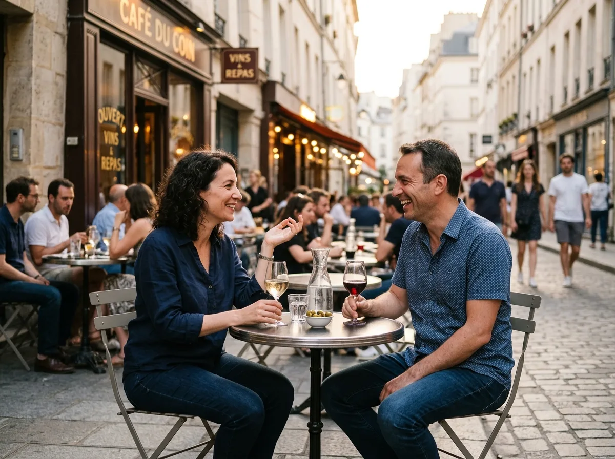 Deux parents solos en conversation détendue à une terrasse de café l'été