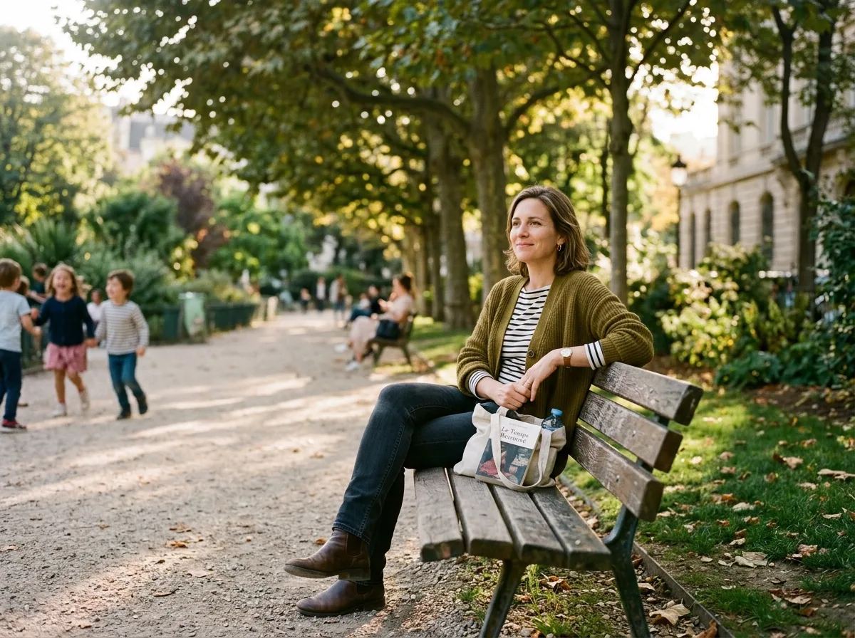 Une mère solo sereine sur un banc de parc, lumière douce de fin d'après-midi.