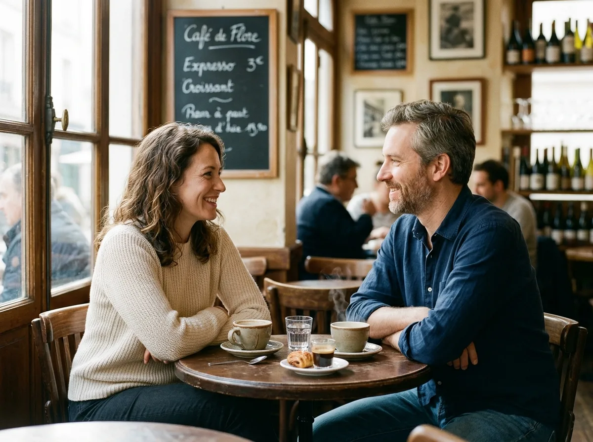 Deux adultes parents solos en conversation chaleureuse autour d'un café en terrasse