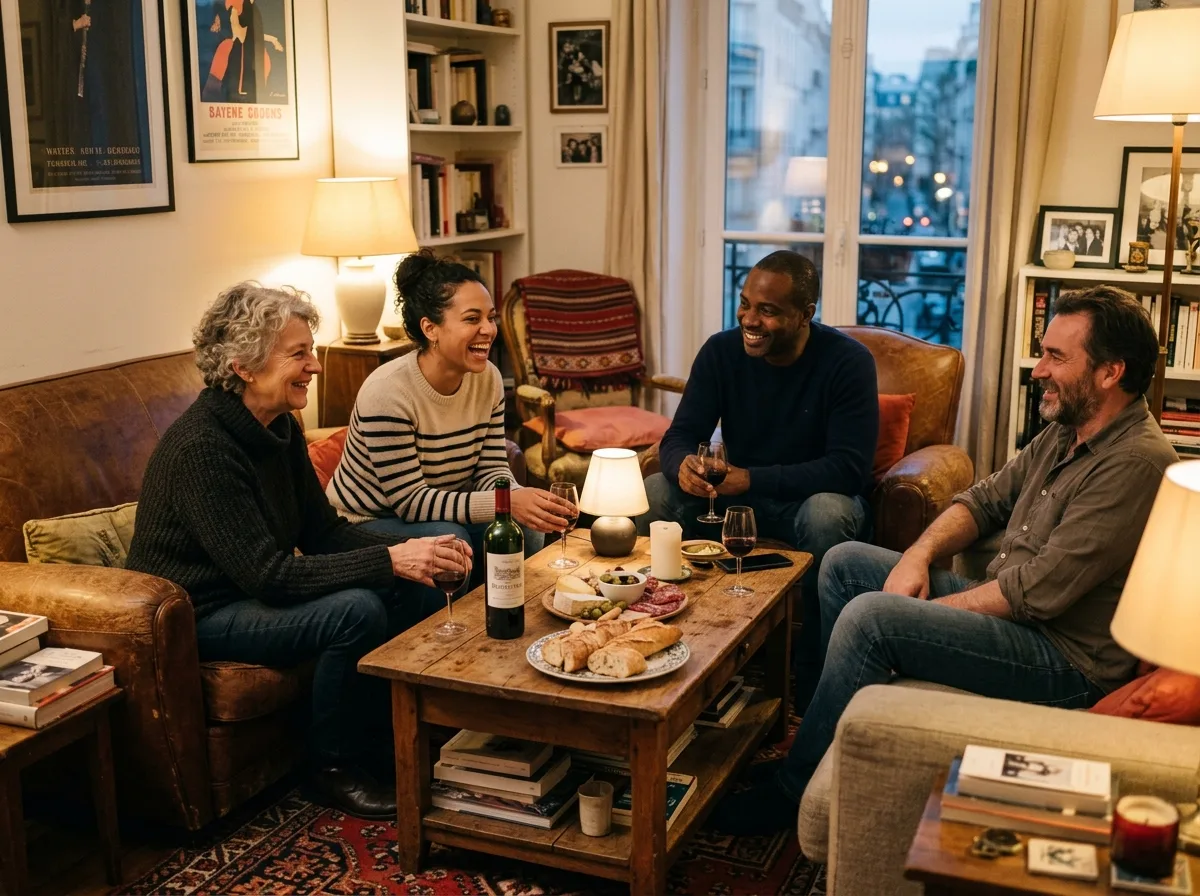 Petite réunion conviviale entre voisins dans un salon cosy, lumière douce du soir.