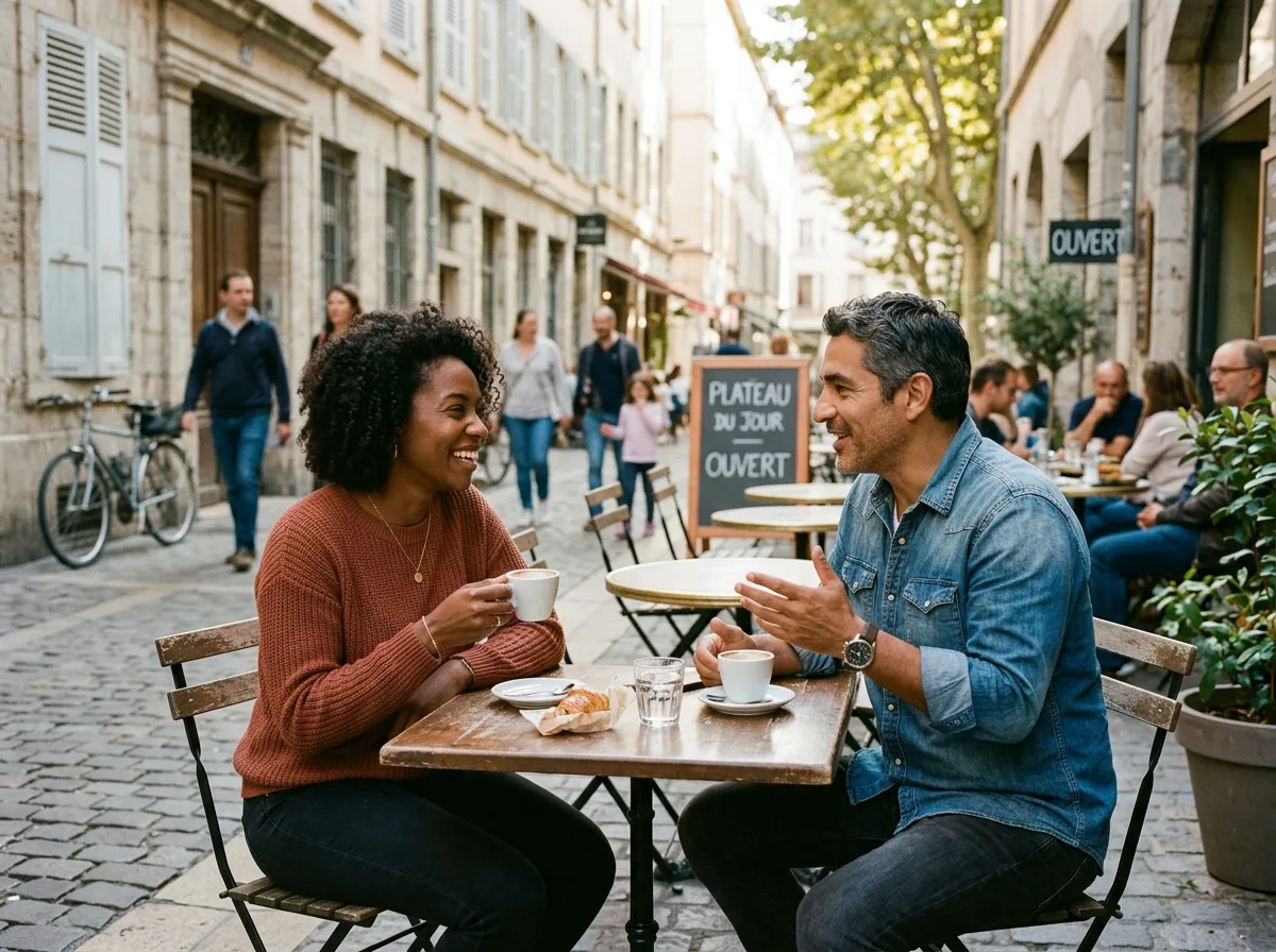 Deux parents solos discutant autour d'un café en terrasse, ambiance chaleureuse et bienveillante.