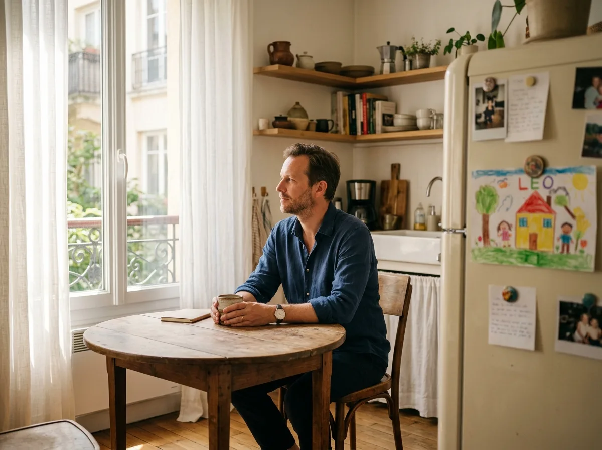 Un père solo seul à sa table de cuisine, moment de pause calme un après-midi d'été