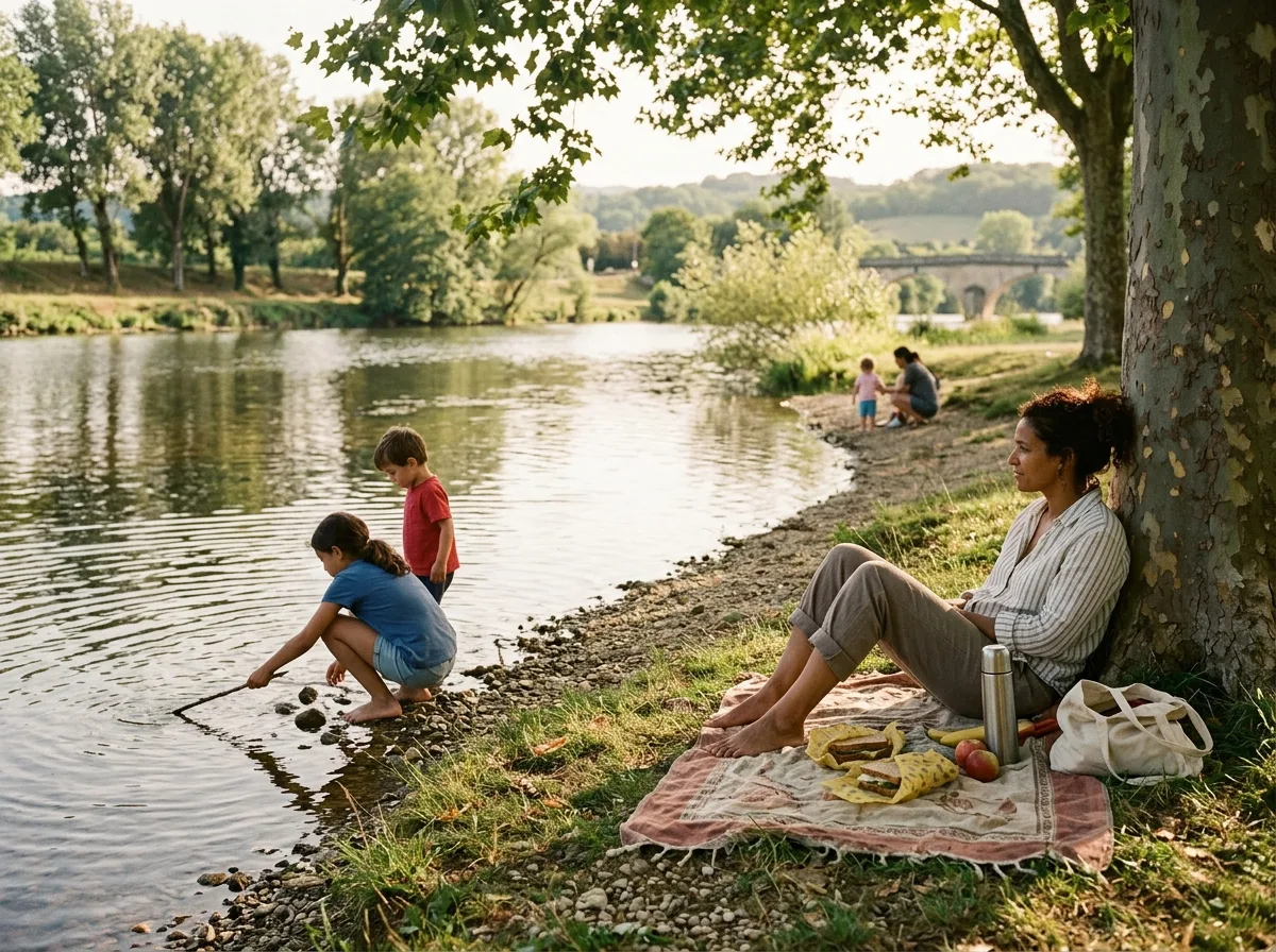 Parent solo et ses enfants au bord d'une rivière française lors d'une sortie pique-nique