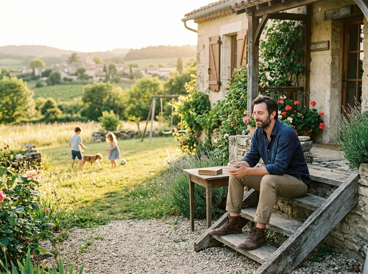 Père solo savourant un moment de calme sur les marches d'un gîte pendant que les enfants jouent