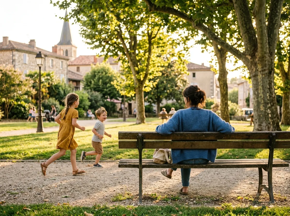 Deux enfants jouant au parc, parent assis de dos sur un banc en arrière-plan