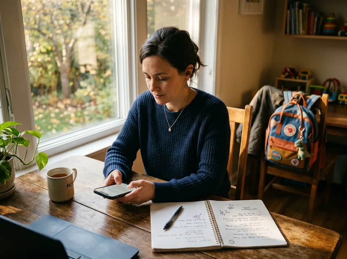 Parent qui rédige un message posément sur son téléphone, bureau ensoleillé