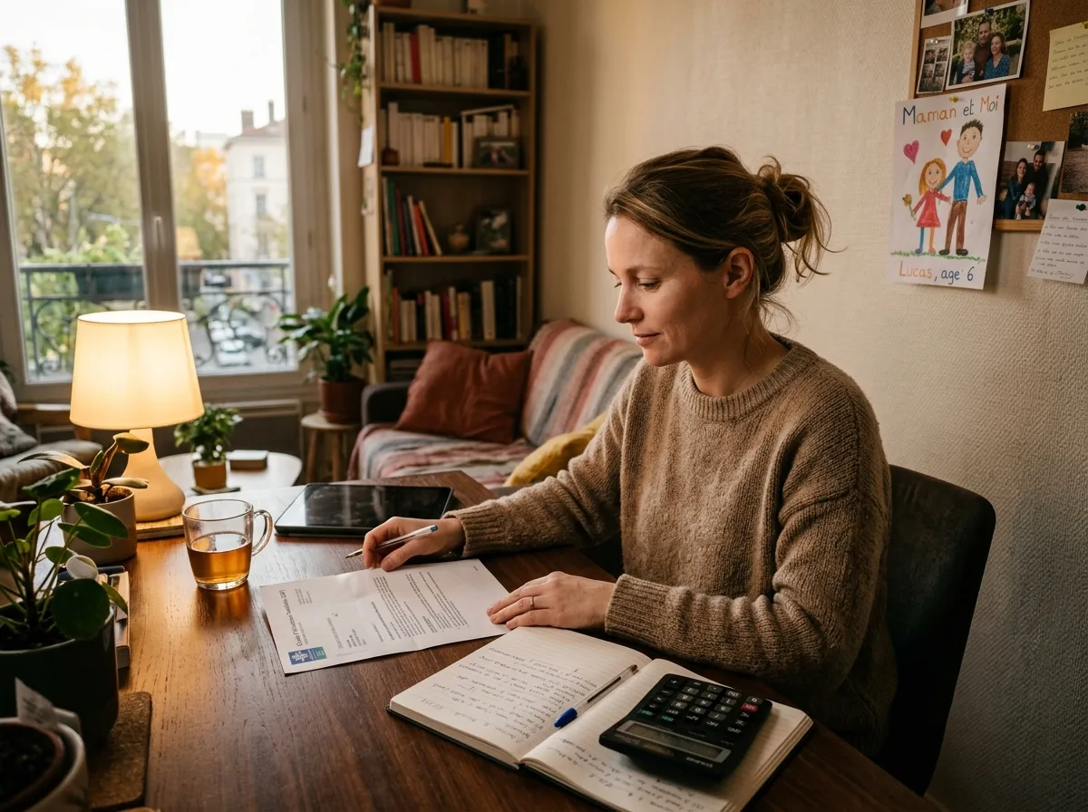 Mère solo sereine qui examine des documents CAF à son bureau, lumière douce de fin de journée