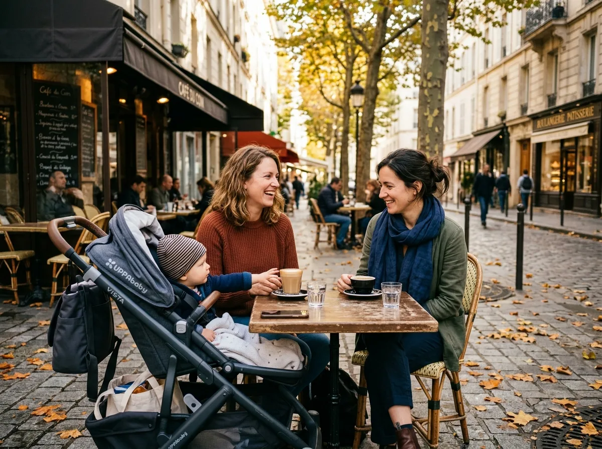 Deux mamans solos riant autour d'un café en terrasse avec un enfant