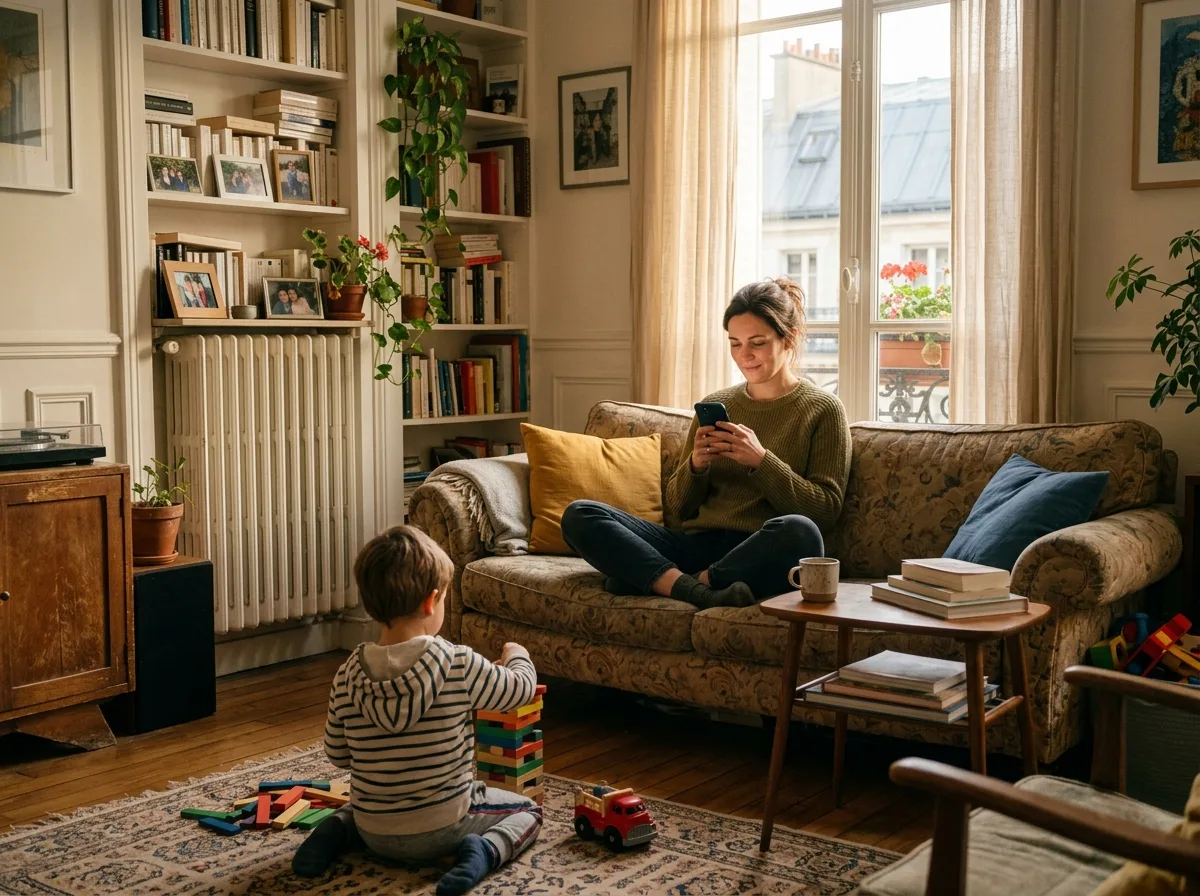 Maman solo sur son canapé, enfant qui joue à côté, moment calme