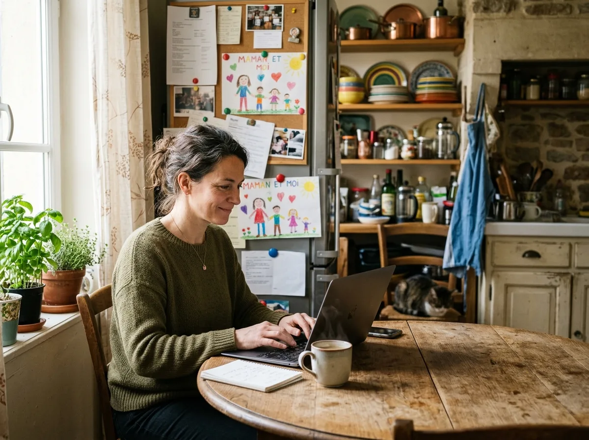 Parent solo en cuisine, ordinateur ouvert, ambiance matinale chaleureuse et apaisée