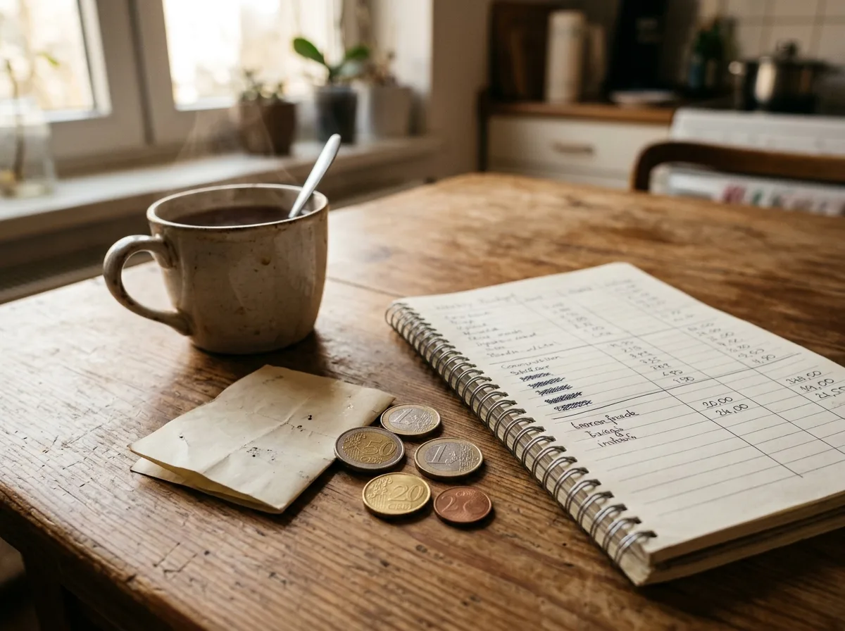 Budget familial noté à la main sur un carnet, pièces de monnaie sur la table
