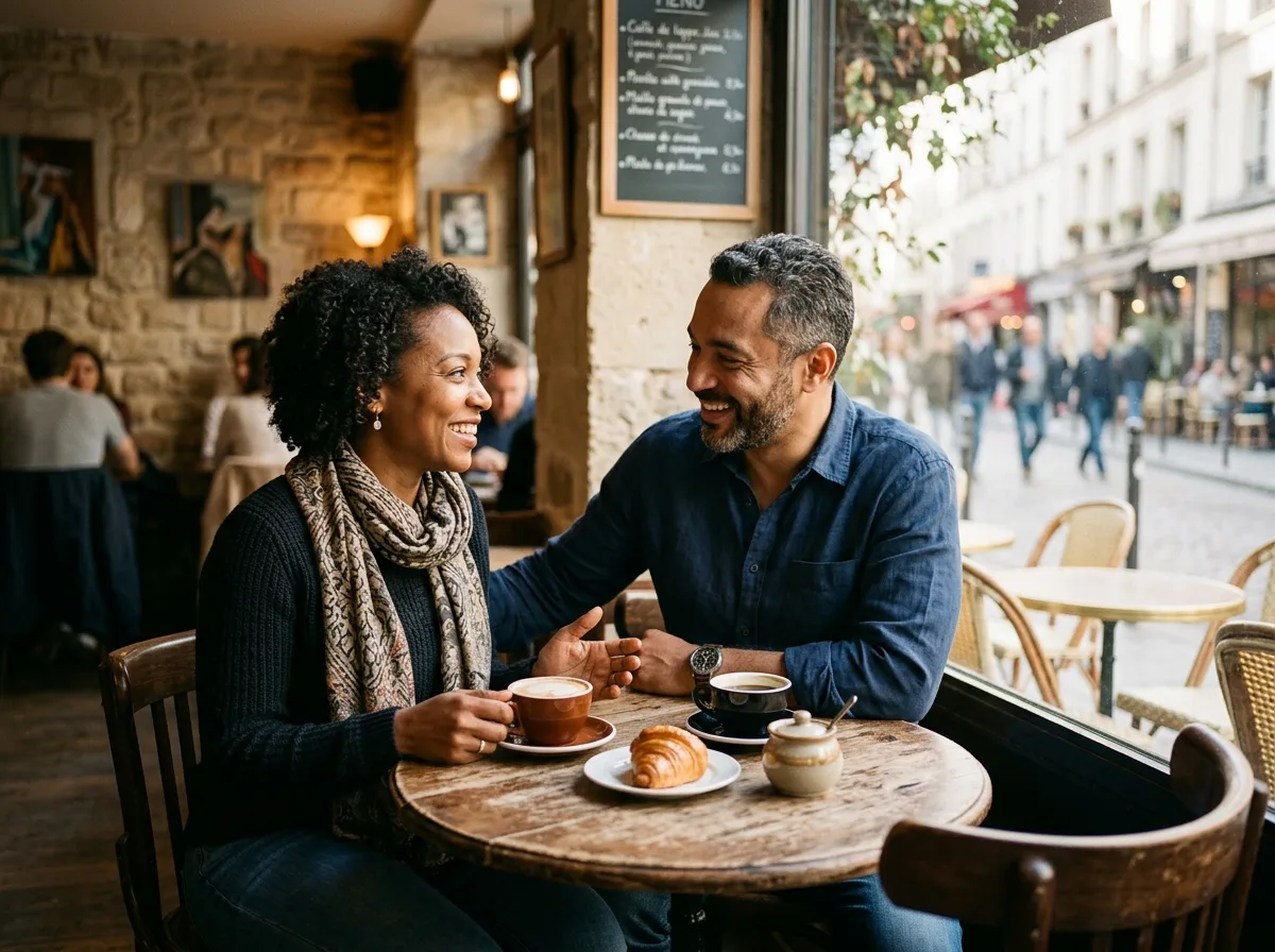 Deux adultes en grande conversation dans un café parisien, ambiance chaleureuse et prometteuse