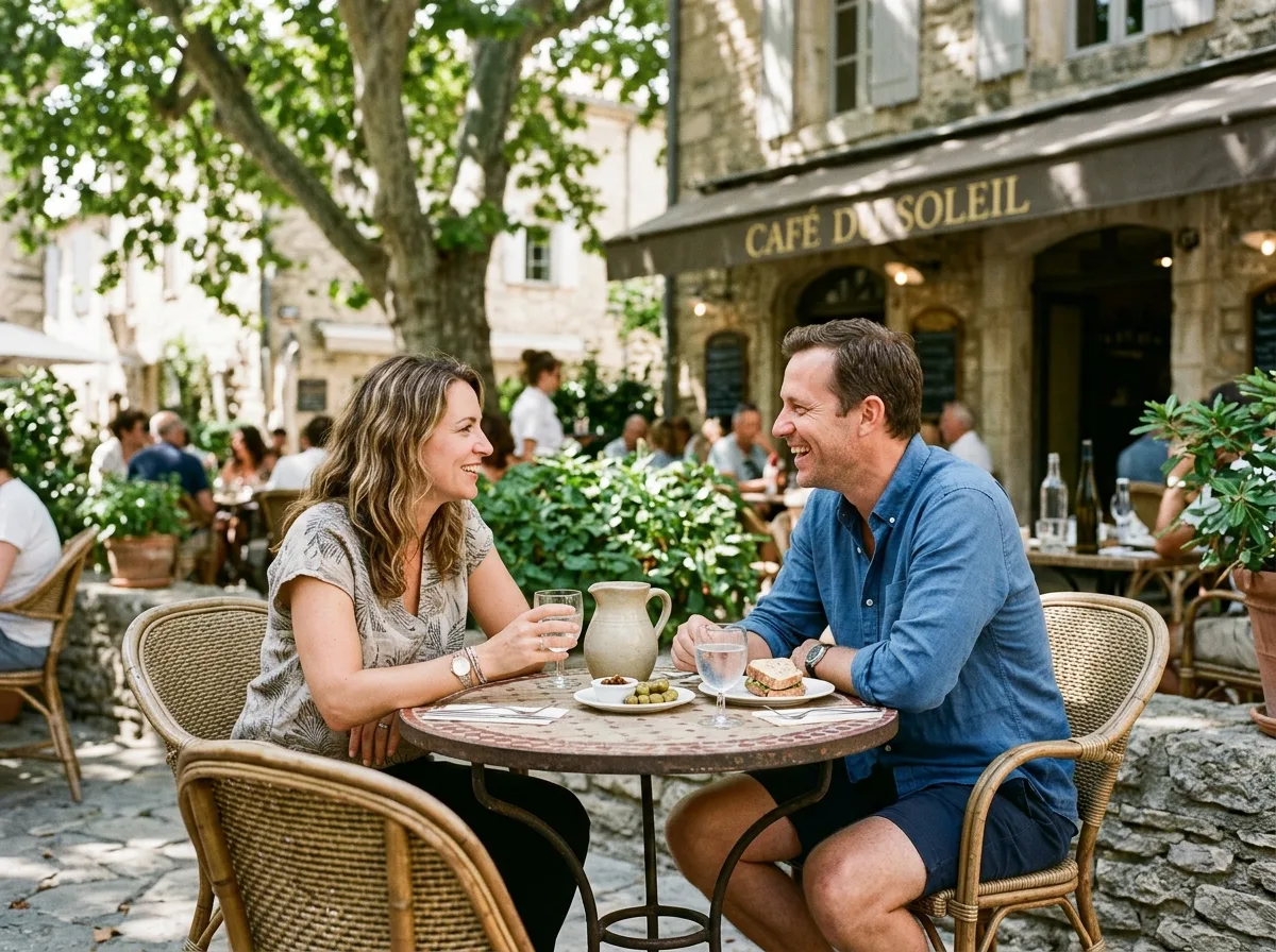 Deux adultes en conversation détendue à la terrasse d'un café français en été