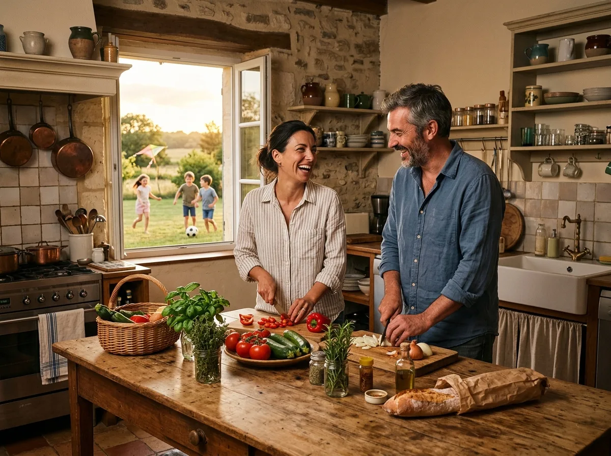 Deux parents solos qui cuisinent ensemble dans la cuisine d'un gîte de campagne