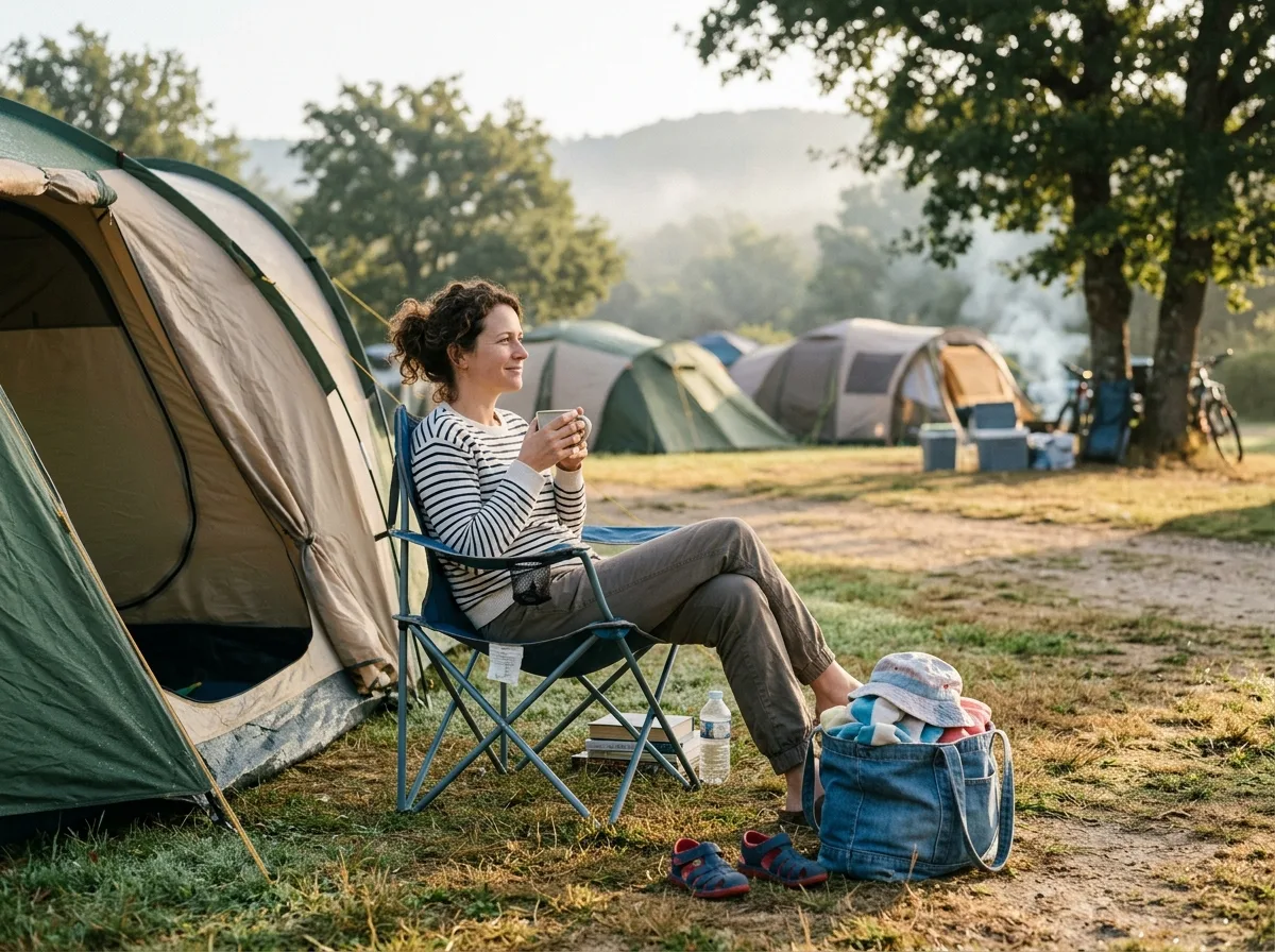 Mère solo savourant un café tranquille le matin sur un camping en famille