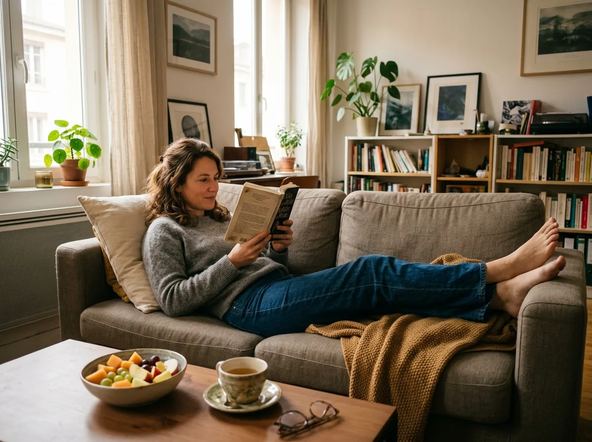 Femme étendue sur son canapé, lisant un livre dans la lumière douce de l'après-midi