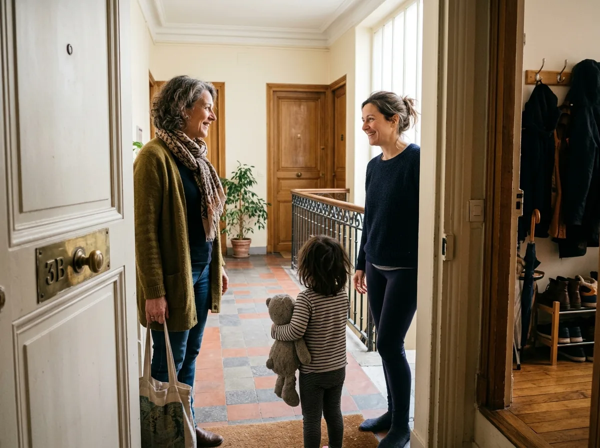 Une voisine prend en charge l'enfant d'une mère solo à la porte de son appartement