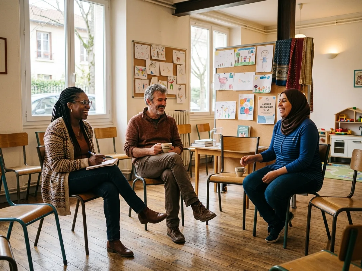 Groupe de parents solos réunis dans une salle associative lumineuse de Lyon