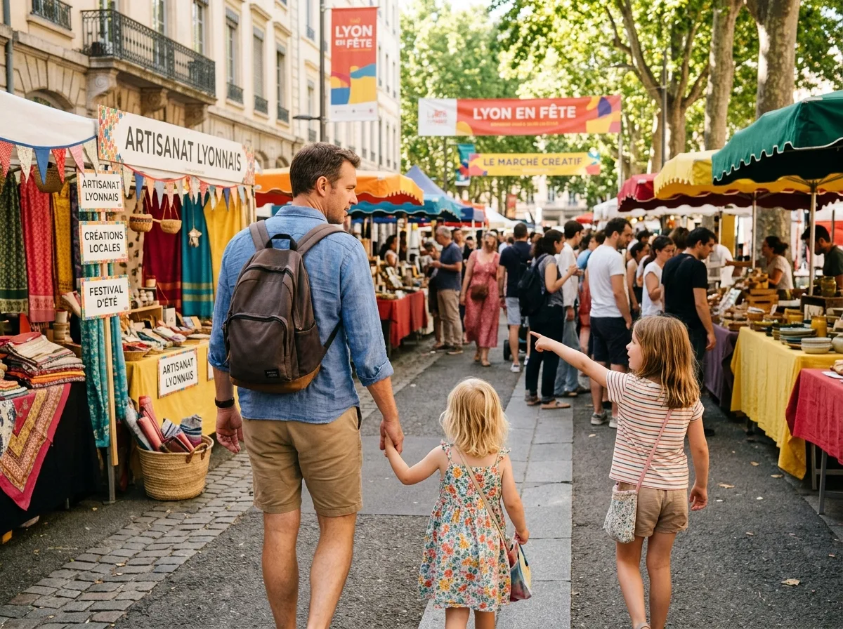Papa solo et ses enfants en balade à un marché estival lyonnais