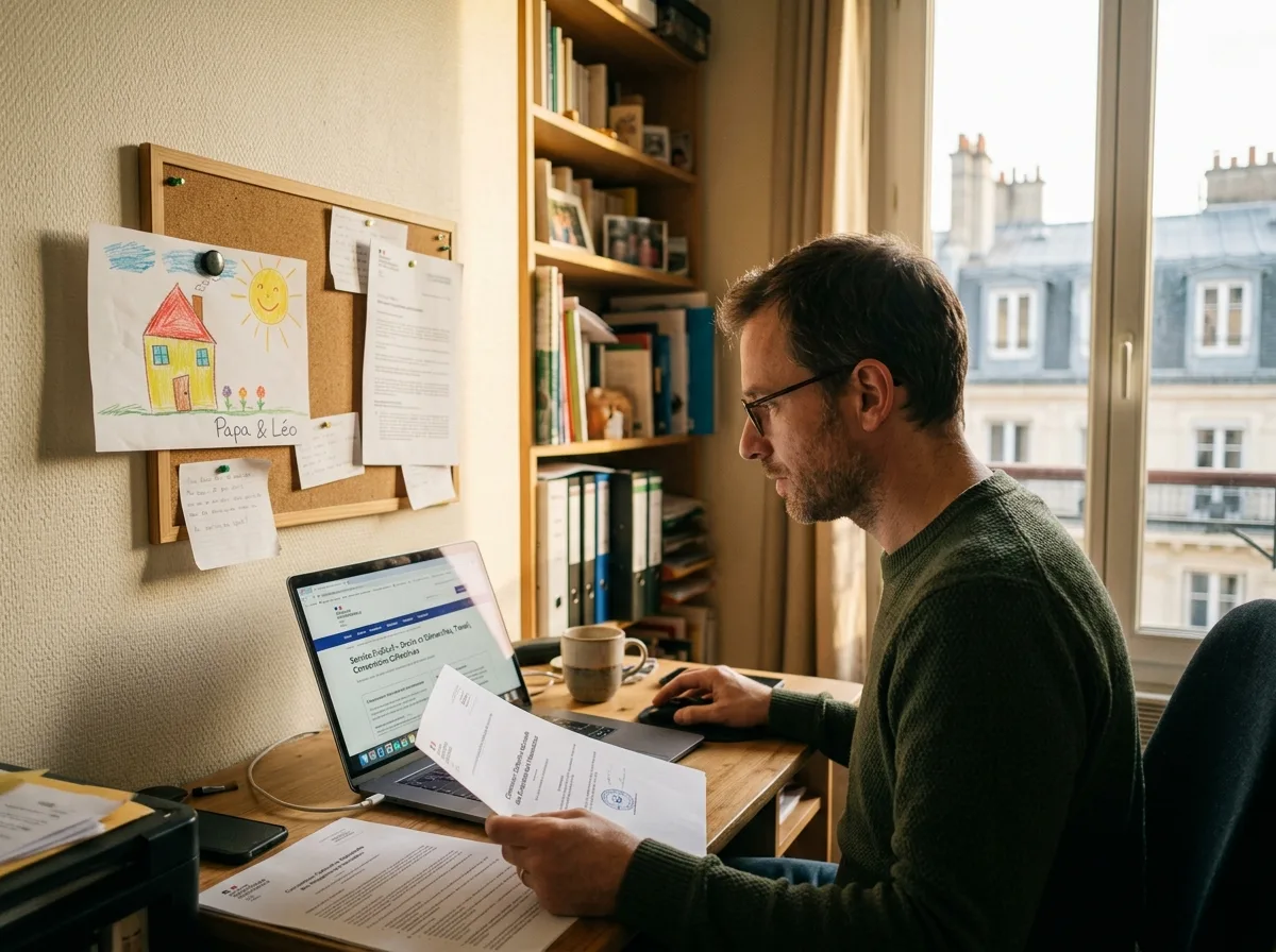 Père solo consultant sa convention collective sur un ordinateur portable à son bureau à domicile