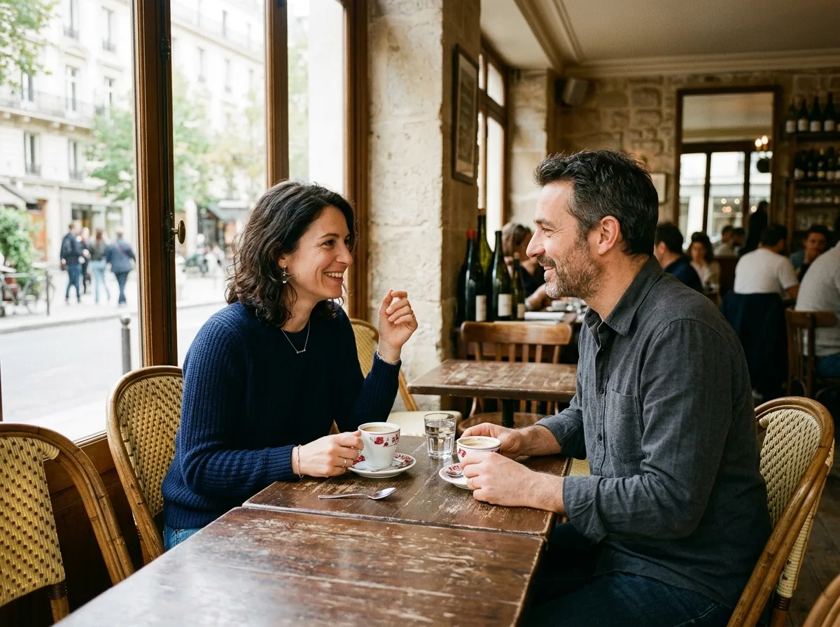 Un homme et une femme discutent tranquillement autour d'un café dans un bistrot chaleureux
