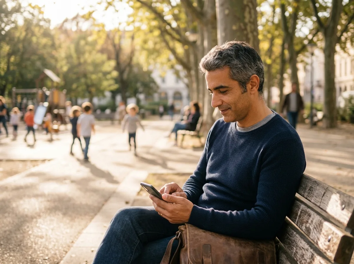 Père solo qui envoie un message sur son téléphone dans un parc, enfants en arrière-plan