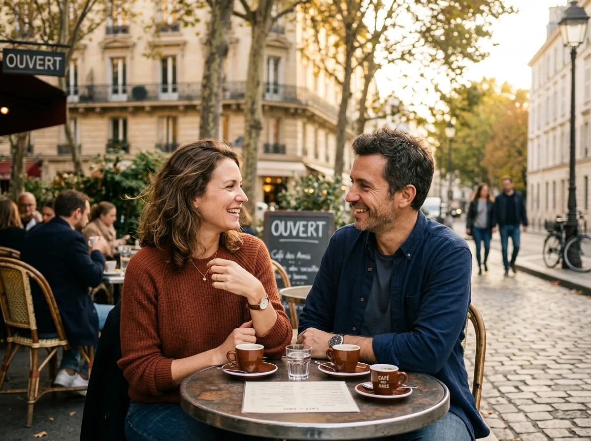 Deux adultes en conversation autour d'un café en terrasse, ambiance chaleureuse