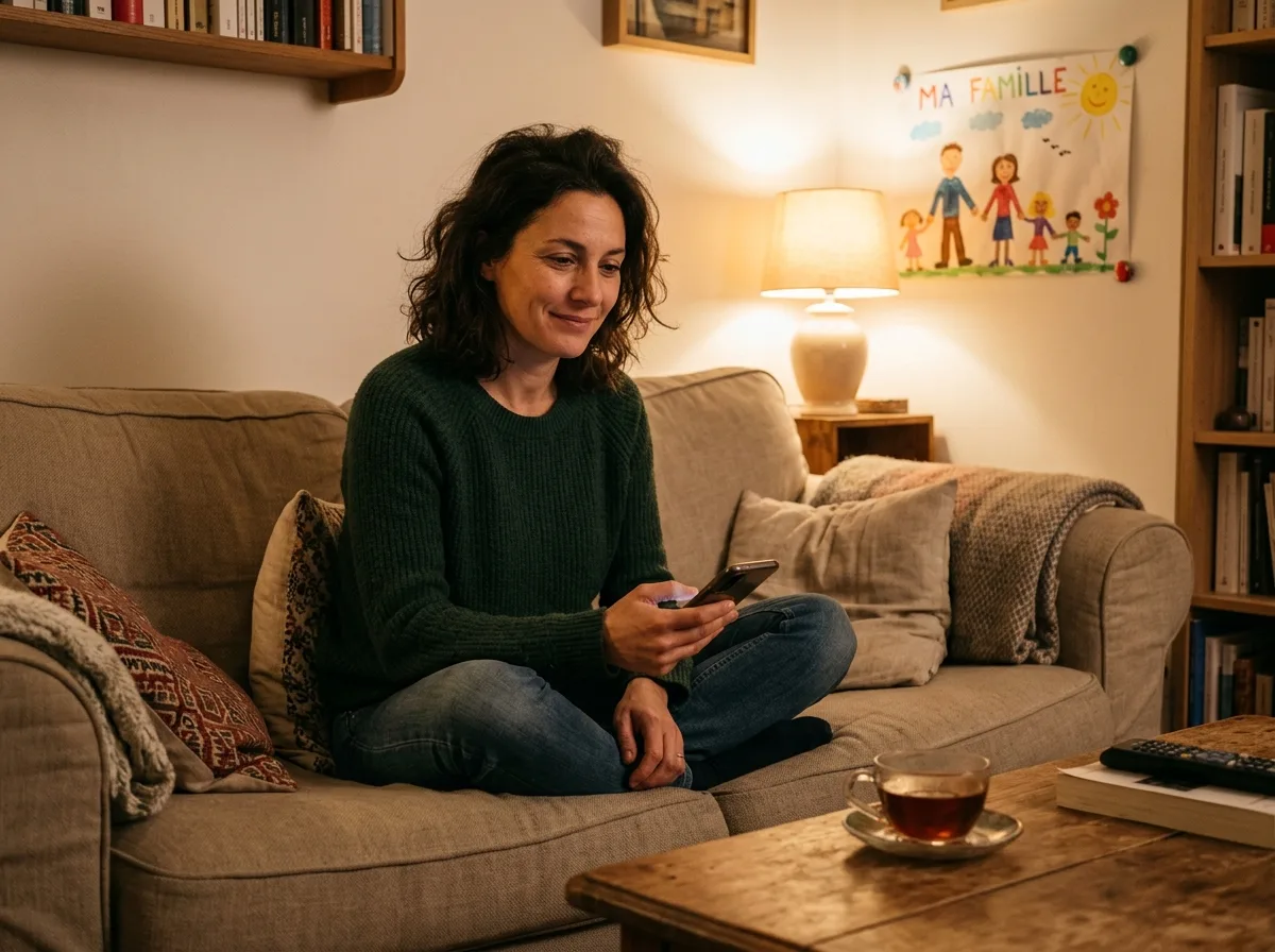 Femme solo le soir chez elle, moment de calme et de réflexion douce