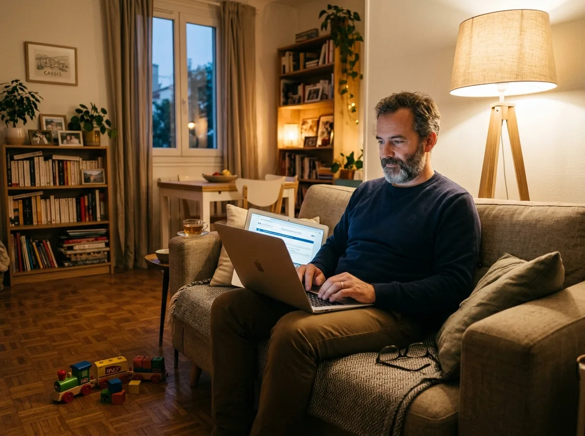 Parent solo serein sur son canapé consultant des démarches administratives sur son ordinateur