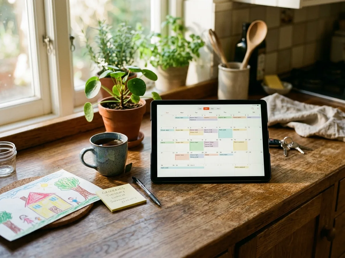 Tablette affichant un calendrier partagé posée sur un plan de travail de cuisine