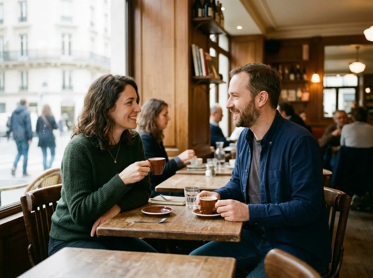 Deux parents solos échangeant autour d'un café dans un bistrot chaleureux