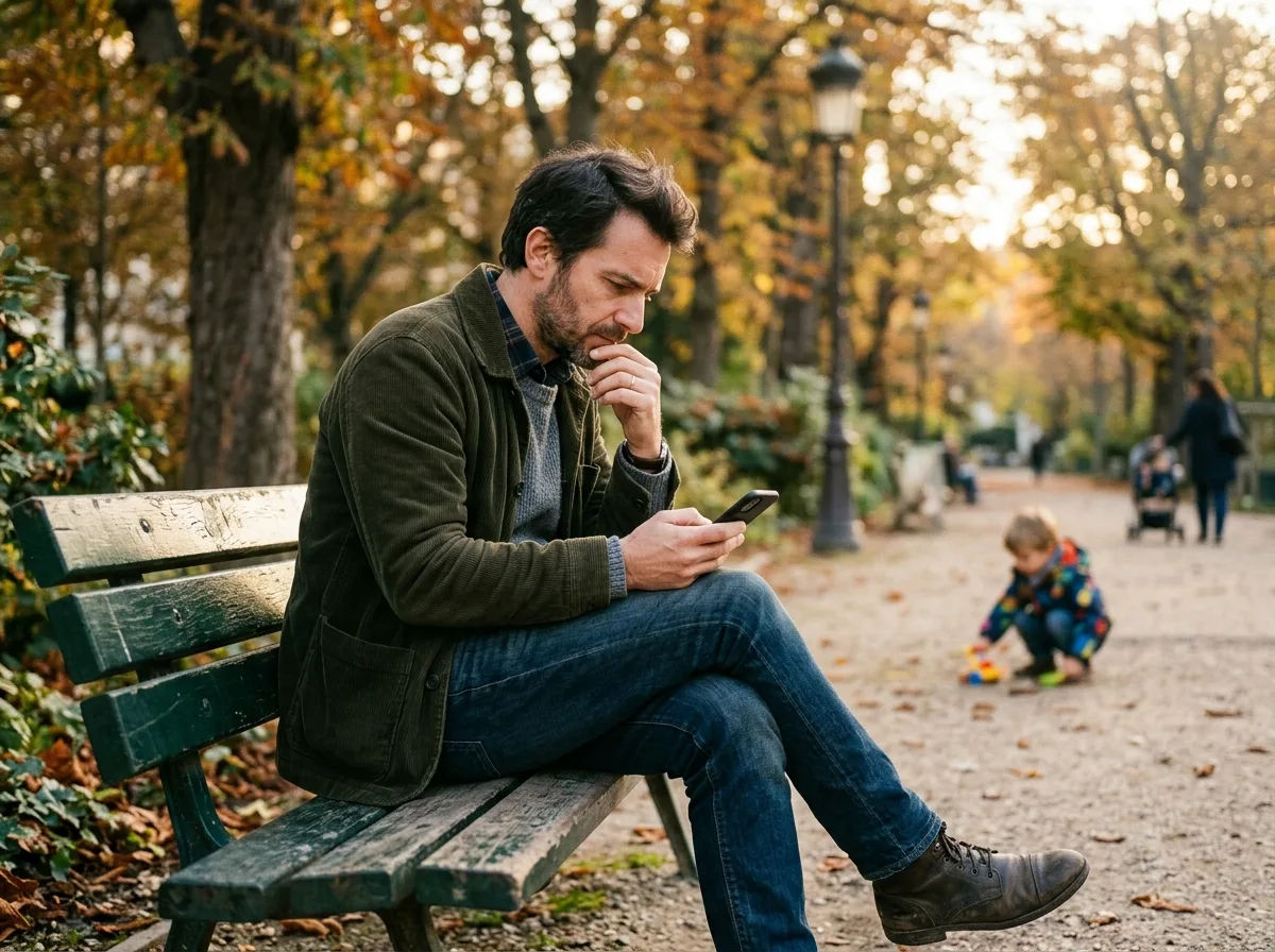 Père solo assis sur un banc de parc regardant son téléphone avec hésitation