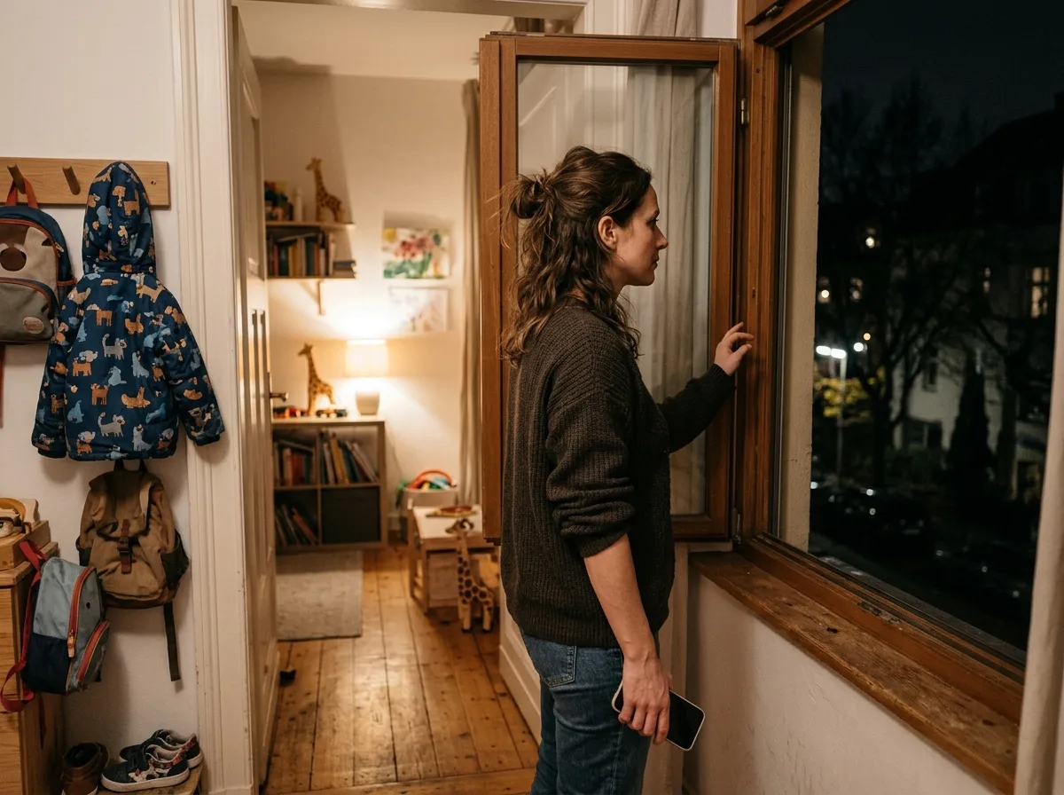 Mère solo debout près d'une fenêtre le soir, pause silencieuse, lumière intérieure douce
