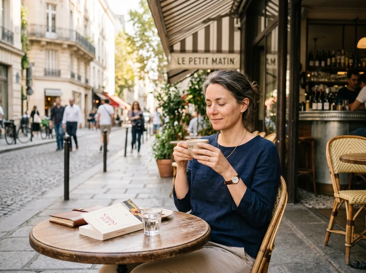 Femme seule et sereine savourant un café en terrasse, rue française ensoleillée