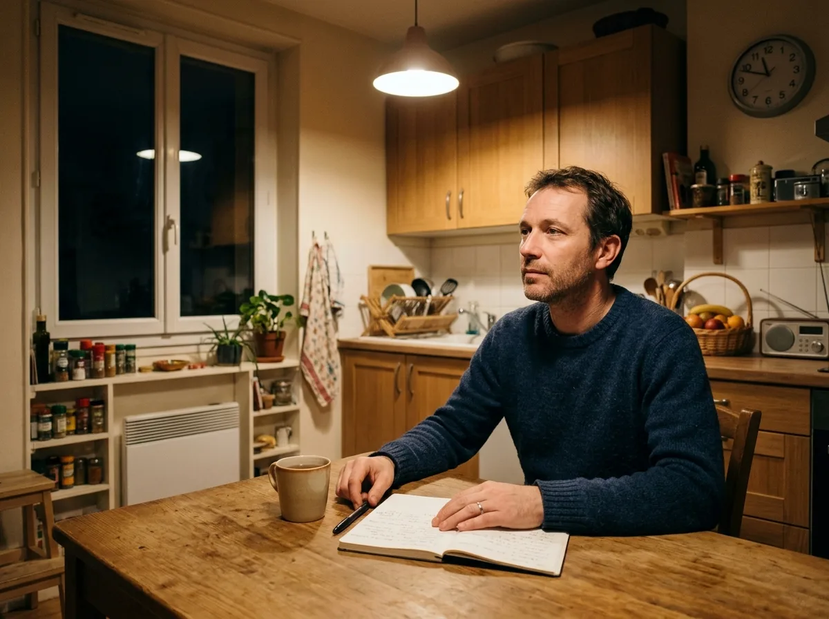 Père solo pensif à sa table de cuisine le soir, lumière tamisée, moment de calme introspectif