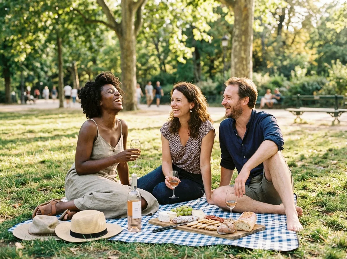 Groupe d'adultes complices riant lors d'un pique-nique estival dans un parc français
