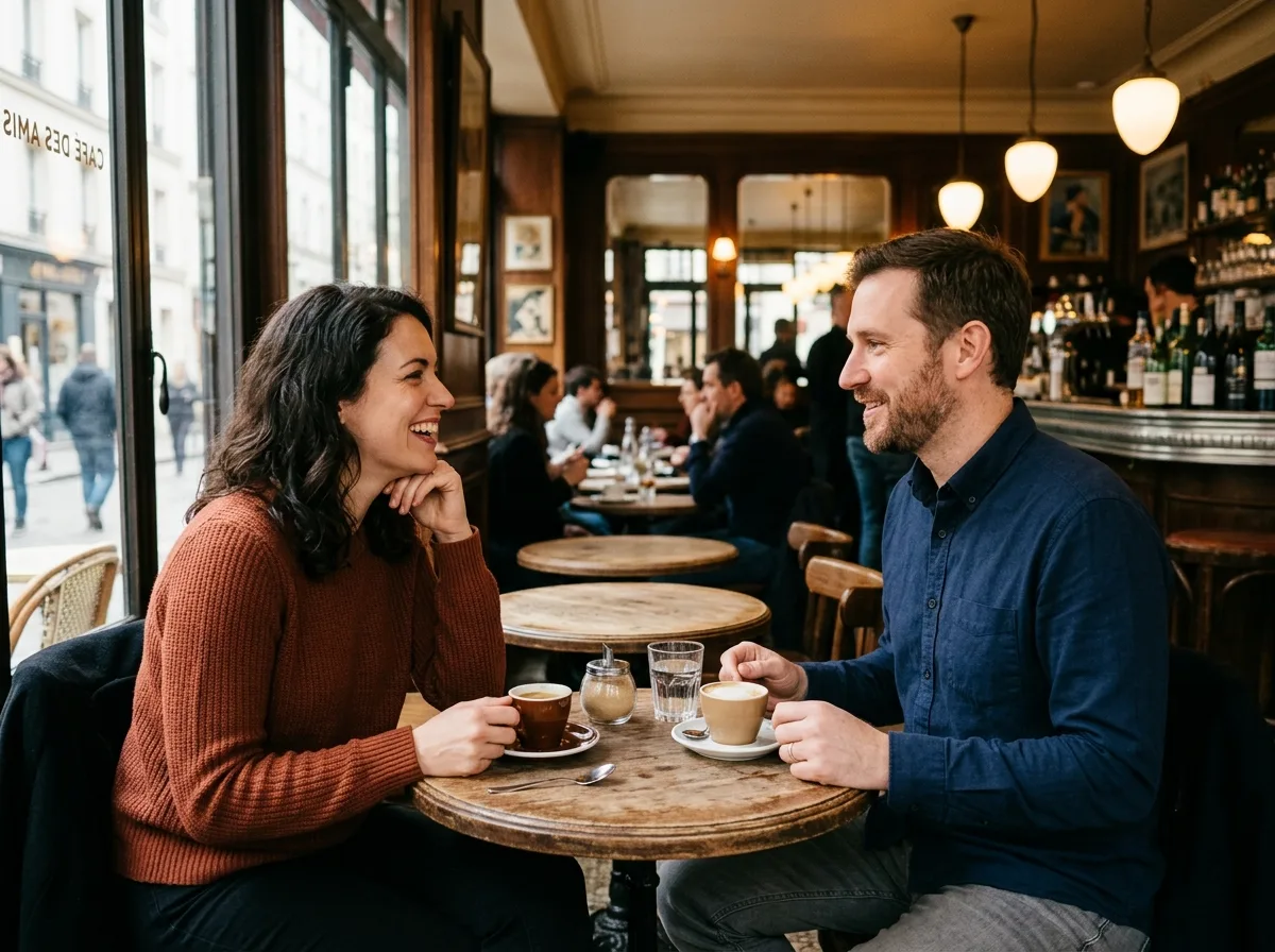 Premier rendez-vous entre deux parents solos autour d'un café dans un bistrot français