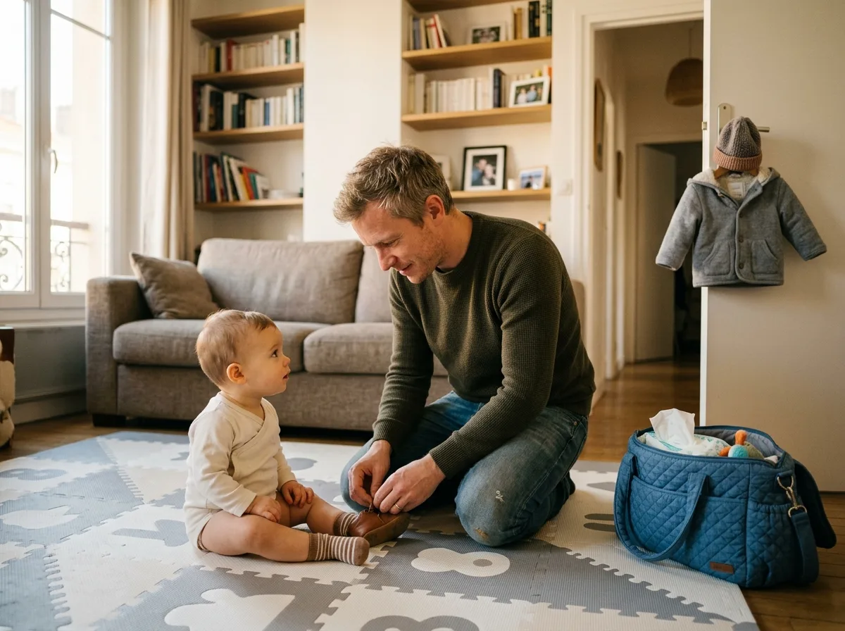 Père préparant son bébé pour un passage de relais, appartement lumineux