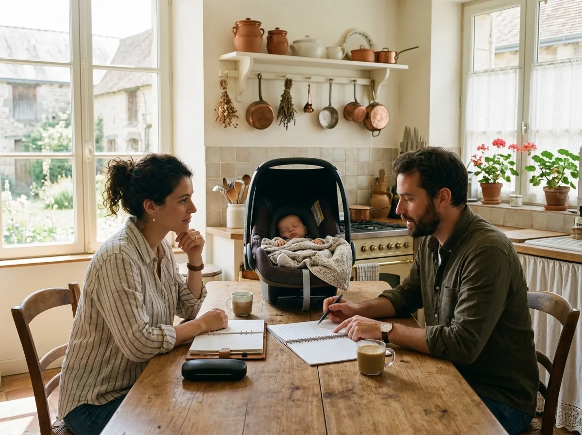 Deux parents séparés discutant calmement de l'organisation autour de leur bébé