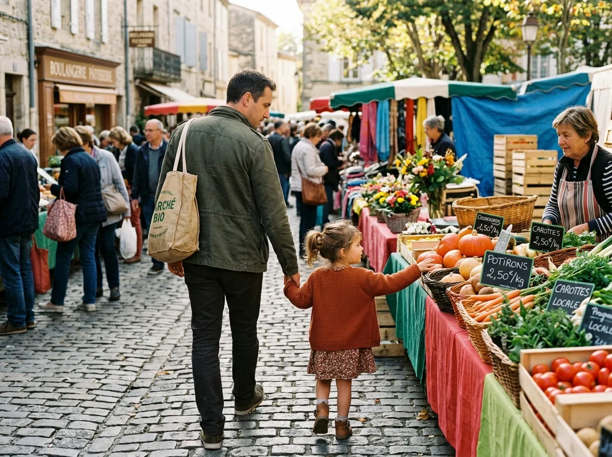 Père et enfant de dos au marché, lumière automnale, complicité quotidienne