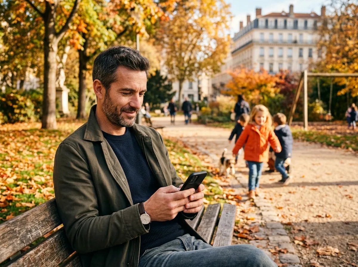 Papa solo dans un parc, son enfant jouant en arrière-plan, consultant son téléphone sereinement