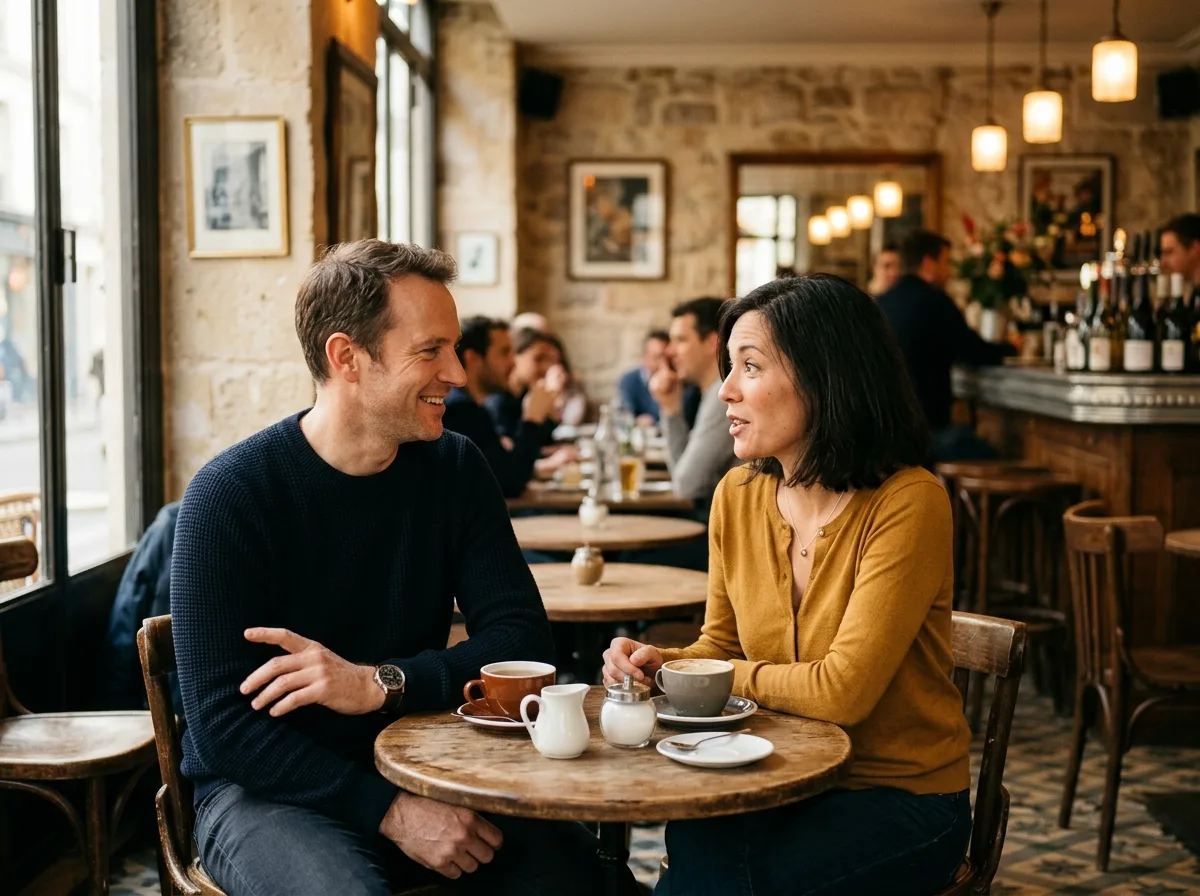 Deux adultes en conversation dans un café français, lumière de fin d'après-midi