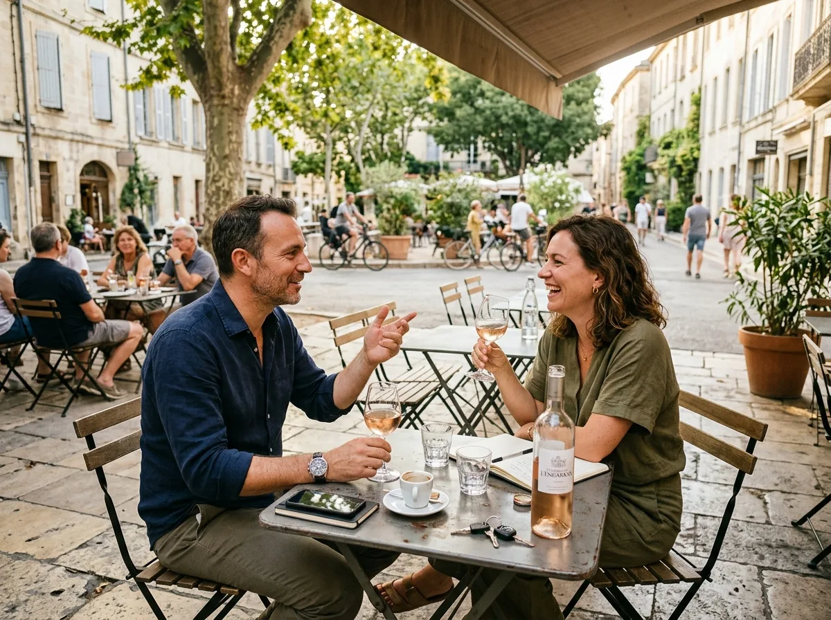 Deux parents solos en conversation sur une terrasse ensoleillée de Montpellier