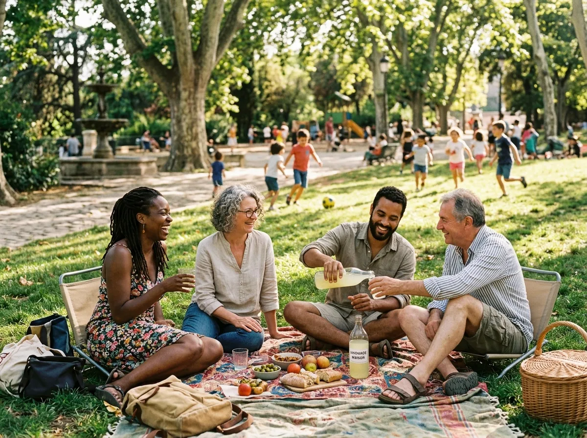 Groupe de parents solos réunis dans un parc de Montpellier par beau temps