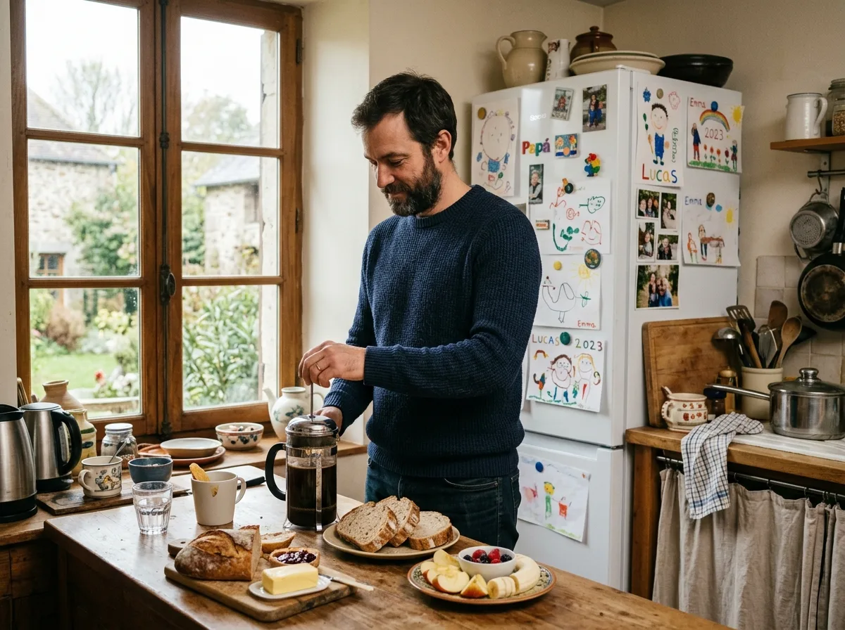 Père solo préparant tranquillement son petit-déjeuner dans une cuisine chaleureuse le matin