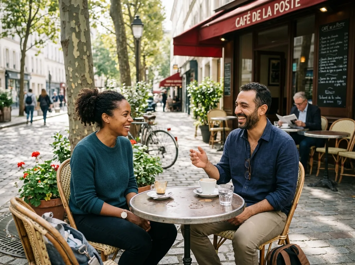 Deux parents solos conversant avec légèreté en terrasse d'un café de quartier