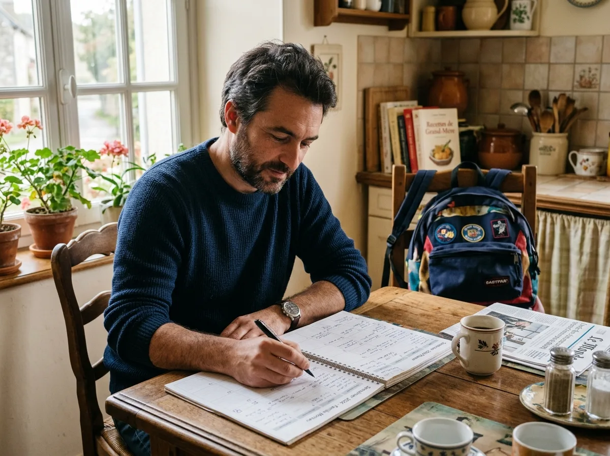 Papa solo qui organise son agenda à la table de cuisine pour gérer garde et sorties