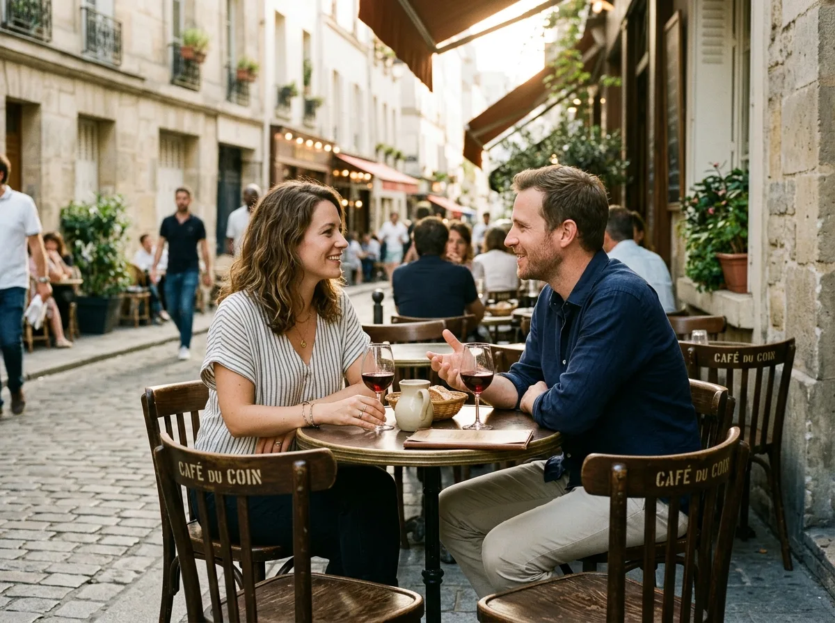 Un homme et une femme souriants lors d'un premier rendez-vous détendu en terrasse de café